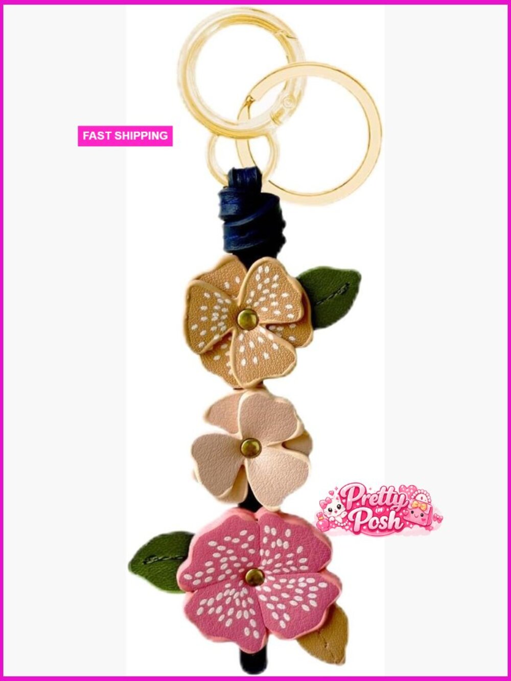 Faux Leather Flower Bag Charm Keychain for Handbags and Keys